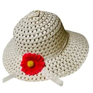 NWOT Girls White Straw Sun Hat w/ Pink Flower Accent Wide Brim Summer Beach Hat